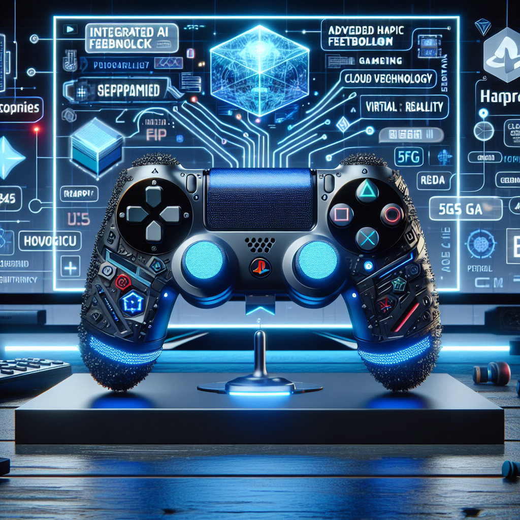 Depict a futuristic PlayStation controller designed for the year 2025. Highlight its innovative features such as ergonomic design, advanced haptic feedback, and perhaps a built-in holographic display. Emphasize its sleek, modern aesthetics and vibrant, geometric patterns in shades of blue and black. Also integrate abstract blocks and speech bubbles conveying popular tech buzzwords such as 'Integrated AI', 'Cloud Gaming', 'Virtual Reality', 'Haptic Technology' and '5G Compatibility'. The environment around the controller is a modern gamer's set-up with a cutting-edge flat-screen TV on the background displaying a sci-fi game scene.