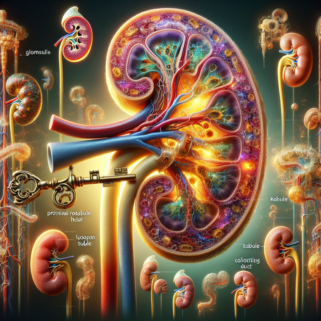 Imagine an intricate, detailed representation of the inner workings of a kidney. Display different sections of a nephron - the primary unit of renal filtration - in exceptional detail. Captivating colours bring to life structures such as the glomerulus, Bowman's capsule, proximal tubule, Loop of Henle, distal tubule, and collecting duct, and subtly hint at the various processes taking place within them, such as filtration, reabsorption, and secretion. Completing this composition, articulate a golden key unlocking a glowing, vibrant kidney to imply the health benefits of understanding nephron functions.