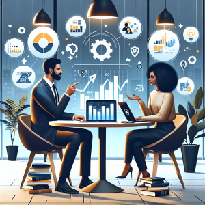A conceptual scene featuring a middle-eastern man and an African-American woman sitting at a round table, filled with resources such as books, charts, and a laptop. Both are engaged in a discussion, with the man pointing toward a laptop screen displaying bar graphs, signifying data or results. Tips and hacks for achieving the best results are scattered around, represented as glowing icon bubbles around them, showing symbols of time-management, strategic planning, and teamwork. The setting suggests a contemporary office environment, cheerfully lit, with indoor plants and minimal decorations.