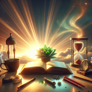 Picture the scene for a self improvement article: Focused at the center is an open book, its pages glowing with golden light, casting rays onto a clear desk. Lying around it is a diversity of tools filled with potential: a vibrant emerald green plant symbolizing growth, a red antique hourglass measuring time, a sharp graphite pencil for scribbling ideas. Behind, the background envelopes the scene with a serene sunrise, an unopened window allowing in the first light of day. In the remote corner peeks a cup of simmering coffee, its steam swirling upwards, altering the tranquility.