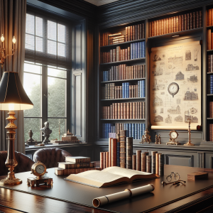 Visualize a refined study room with books on leadership, strategy and management dispersed on the ebony wood table. A vintage brass lamp is bathing the room in warm light. On one side of the room, a tall bookshelf stands, housing a collection of hardcover books in hues of blue, rust, and ivory. Displayed prominently on the table, an elegant, rolled scroll depicts a set of illustrative tips for achieving the best results. Furthermore, a vintage clock on the wall is indicating the time as dusk sets in. Lastly, the room boasts an expansive window with views of a serene garden bathed in twilight.