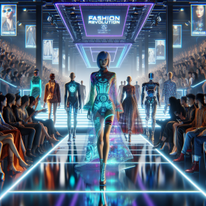 A futuristic fashion runway with models of various descents. The catwalk is illuminated by neon lights, reflecting off the futuristic outfits worn by the models. A South Asian female model leads the group, sporting a holographic dress with avant-garde designs. Followed by a Middle Eastern male model showcasing advanced wearable tech clothing. A crowd of stylish attendees are watching the spectacle with awe and fascination. Poster banners with 'Fashion Revolution' written can be seen around the venue, symbolizing the evolution and march of fashion towards the future.
