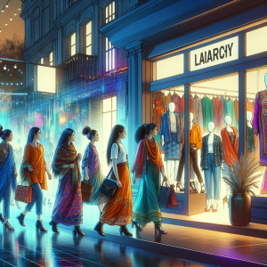 A bustling, 21st-century urban street filled with in-style South Asian women wearing trendy eco-friendly clothes walking past a fashion boutique. The shop is busy with sales assistants helping customers explore new clothes made from recycled materials. The clothing on display is vibrant and varied, stylistically drawing from a wide range of cultures. The scene glows with transformative energy, signaling a revolutionary shift in the world of fashion. There's 'LANARCHY' written in bold letters on the boutique's sign.