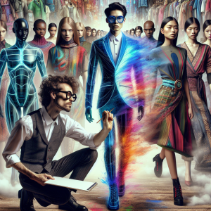 An image showcasing a fashion revolution. In the center, a Caucasian male fashion designer with curly hair and hipster glasses is sketching a futuristic ensemble on a canvas: a high-tech suit mercurially changing colors. Each color harmoniously transitioning to the next, reflecting the diversity and unity in fashion. To his left, an Asian female model is striking a pose, wearing a similar suit that is actively morphing, combining traditional and modern elements. The background is filled with a motley group of models, from Black, Hispanic and Middle-Eastern descents, each garbed in uniquely designed attire, symbolizing the coming era of fashion. The atmosphere evokes excitement and anticipation.