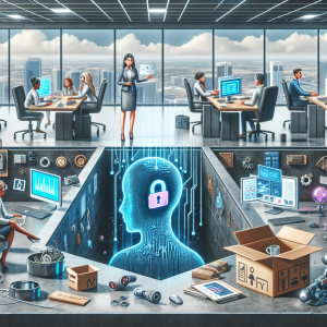 A bustling modern office space where Artificial Intelligence (AI) can be seen seamlessly integrating into the workspace. The AI is portrayed as a hologram, helping a Hispanic woman manager with a project on her transparent screen computer. Meanwhile, a South Asian man employee is using a voice assistant at his digitally advanced workstation, and another non-binary Caucasian person is using a futuristic AI powered analytics tool. On the flip side, a metaphorical pit filled with symbols of common pitfalls such as privacy concerns (like a broken padlock), job loss (a cardboard box with office items), and technology glitches (a computer screen with an error message) is in the foreground.