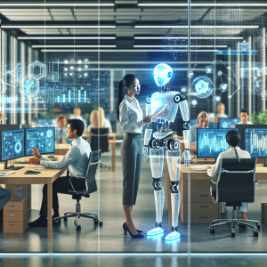 Picture a modern office environment full of sleek technology and busy employees. In one part of the office, an Asian female executive is interacting with a advanced humanoid robot, reflecting the utilization of AI in the workplace. They're analyzing data on a holographic screen that the robot is projecting, displaying graphs and flowcharts signifying the benefits of AI. On the other side of the office, a Middle-Eastern male IT specialist is troubleshooting a malfunctioning computer server, hinting towards the common pitfalls of relying on AI. The overall ambiance of the office should be bustling yet harmonious, encapsulating the ups and downs of implementing AI in the workplace.