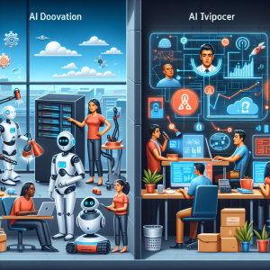 Illustrate a futuristic workplace where AI technology is integrated. Show half the image showcasing the benefits: robots assisting a South Asian female engineer in her work, an AI-powered projection screen with live data for a black male analyst, and a voice-activated virtual assistant helping a Middle Eastern man in his administrative tasks. On the other side, depict the pitfalls: an overloaded server crashing, a Caucasian woman facing privacy intrusion through her computer monitor, and a Hispanic man struggling with an overly complex AI interface. The setting should be a modern, well-equipped office space.