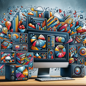 Create a detailed image representing the most talked-about features of a media server software. Illustrate the efficient streaming option, the ease of sharing libraries across various platforms, the intuitive user interface granting dynamic access to a multitude of media files like music, movies, and photos. Moreover, picture the software's ability to automatically pull metadata and organize files, ultimately enhancing the user experience. All these features should be shown in a composite image on a bright computer screen with striking colors.