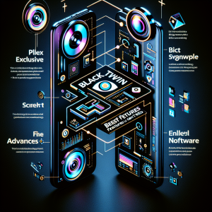 An attention-grabbing visual representation of a tech-based blog article. Focus on the unique features of a cutting-edge, high-tech device known as the 'Blacktwin'. The image should capture its most valuable features, such as a sleek design, vibrant screen, advanced software, and robust build. Graphics or symbols denoting these features, like a magnifying glass symbol on the advanced software, can be added for visual intrigue. A bold, eye-catching font highlights the title: 'Plex Exclusive: Best Blacktwin Features You Can’t Miss'.