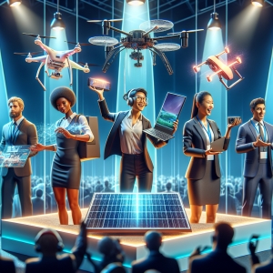A tech innovation expo display highlighting various distinctive technology product innovations. In the scene, an individual of Caucasian descent is excitedly showcasing a high-end drone technology to a crowd. A person of South Asian descent is demonstrating a breakthrough in sustainable energy, holding an advanced solar cell. An African American woman is unboxing a state-of-the-art virtual reality headset. A Hispanic man is presenting a groundbreaking invisible screen smartphone. All of these presenters appear engaged, passionate and geared up in stylish professional attire, with their respective tech gadgets brilliantly lit under spotlight beams.