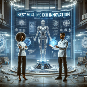 An image that depicts an advanced technology scene. At the forefront, a black woman and a Hispanic man, both dressed as tech developers, handling futuristic tech gadgets. They are in front a giant display showing blueprinted designs for the new tech gear. The environment should convey a modern, clean aesthetic with a touch of sci-fi, emphasising the aspect of 'high-tech innovation'. The phrase 'Best Must-Have Tech Innovation' is boldly displayed in the sky. Overall, the image should emanate a sense of excitement and anticipation for cutting-edge technology.