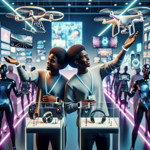 A high-tech exhibition scene featuring two Black individuals who are twins. They are interacting with some innovative technological gadgets: a sleek drone hovering in the air; a smartwatch demonstrating touchless gestures; a pair of noise-cancelling headphones resting on a stand; a cutting-edge VR headset floating mid-air; a cutting-edge gaming console with futuristic controllers; and a next-generation laptop displaying holographic projections. The background is filled with neon lights and interactive displays justifying the optics of a tech event. Everyone seems excited and thrilled as they explore the tech extravaganza.