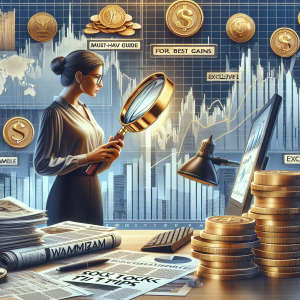 Create a detailed image conveying financial expertise and lucrative stock trade tips. Include symbolic elements such as a magnifying glass inspecting a graph of rising stocks on a computer screen, financial newspapers mentioning 'Whambizam Stock Tips', a guide book titled 'Exclusive Must-Have Guide for Best Gains' lavishly adorned with gold lettering and a stack of coins growing progressively larger showing profit. A Caucasian woman, dressed professionally indicating her role as a financial advisor, could be in the forefront analyzing the stock graphs. The setting should be a neat, contemporary office environment.