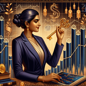 Present an illustration for the cover of an investing guide titled 'Whambizam Stock Tips'. Depict a South Asian woman in professional business attire studying complex graphs and bar charts, representing stock market trends. In her hand, a glossy golden key symbolizes the key to investment success. Use a rich, deep-toned color palette to gracefully depict the background with traditional symbols of finance, such as currency symbols. The overall scenario should evoke the feeling of confidence and optimism in the stock market investment. Please make sure the title of the guide is prominent and eye-catching.