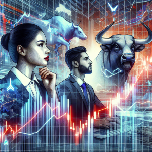 A detailed and captivating cover image for a financial article titled 'Whambizam Stock Tips: Exclusive Must-Have Guide for Best Gains'. The image should depict a mix of traditional and contemporary elements of the stock market environment. Imagine a South Asian woman and a Middle-Eastern man, both dressed in business attire, intently analyzing complex financial data on futuristic holographic screens. Include a bull and a bear in the background, representing the classic symbols of stock market trends. Accentuate the image with dynamic lines and arrows indicating upward and downward trends, adding a sense of urgency and the dynamics of the stock market. Make sure not to overly emphasize the characters’ race or gender, maintaining a neutral and professional tone throughout.