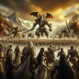 Imagine an incredibly immersive scene from an epic-themed massive multiplayer online game. Set in a vast and mysterious fantasy world, tempered with medieval tones, the landscape stretches out under a hauntingly beautiful faded gold sky. In the foreground, various players, men and women of diverse descents including Caucasian, Black, Hispanic, Middle-Eastern, and South Asian, clad in intricate, weathered armors adorned with jewels and runes. They are wielding a vast array of mythical weapons, facing giant majestic creatures with fearsome features. The intense battle scene illustrating the dynamic and involving gameplay.