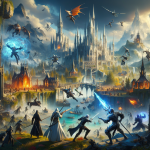 Visualize an imaginary massively multiplayer online game inspired by the medieval fantasy universe of Elden Ring. Show various player characters engaged in thrilling gameplay, showcasing breathtaking landscapes, majestic architecture, and terrifying creatures. Illustrate players wielding a variety of weaponry, displaying distinct magic abilities, and working together to overcome challenging adversarial entities. The scene should capture the vast scope and immersive nature of the MMO genre.