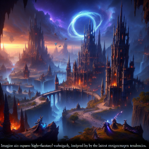 Imagine an expansive high-fantasy videogame world, inspired by the latest MMORPG tendencies. The environment pulsates with rich, radiant hues of an endless twilight. Towering stone castles attract the eye, their imposing, intricate gothic architecture housing dangerous dungeons. Heroes of different descents and genders, each with unique combat styles and outfits, adventure together. Their armor glimmers as they cross undulating landscapes, their eyes closed upon the mystical glow of an enigmatic ring suspended in the ink-black sky. Mysterious creatures lurk in the shadows, their colossal shapes warning of the terrors that await in this immersive gameplay experience.
