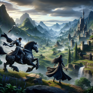 Immerse yourself in the captivating visual representation of an online multiplayer fantasy game setting inspired by Elden Ring MMO. Imagine a breathtaking landscape with rolling hills covered in lush vegetation, ancient ruins scattered around, and towering fortresses lurking in the distance shrouded in mist. Foreground depicts players' avatars – an Asian male warrior clad in intricate armor prancing on a black horse, a Black female mage casting her dazzling arcane spells, and a Caucasian male rogue stealthily approaching with daggers in hands. Get a glimpse of the alluringly eye-catching and thrilling gameplay you wouldn't want to overlook.