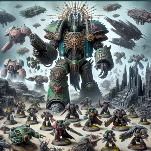 Create an illustrative cover for a strategy guide about a futuristic table-top game inspired by Warhammer 40000. Picture should include an array of miniatures arranged on a detailed landscape of rocky terrain, space debris and exotic futuristic structures. The center of the composition should be dominated by a massive figure in ornate power armor, painted in disturbing shades of green and black, striking a menacing pose. Flanking this figure, display a highly varied cast of diverse miniatures, each with its own unique characteristics and details. At the bottom, however, overlay text that reads 'Stunning Tips for Best Gameplay'.