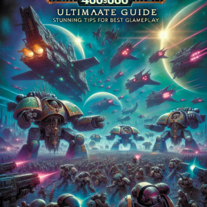 An illustrated cover for a comprehensive guidebook related to the Warhammer 40000 universe. The scene should be set in a futuristic battlefield with colossal, armed mechs marching, arcane spaceships soaring in the alien sky, and armies of different species charging into combat. Rich in detail and complexity, the cover should encapsulate core elements of the game like strategic warfare, exotic technology, and diverse alien species. A vibrant galactic backdrop and an imposing title 'Warhammer 40000 Ultimate Guide: Stunning Tips for Best Gameplay' scribed in bold, metallic letters should dominate the top half of the image.