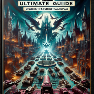 Visualize a cover for a comprehensive guide about the popular tabletop game, Warhammer 40000. The guidebook cover features a gothic science-fantasy cityscape in the far future, dramatically lit by an eerie glow. Encircling this dystopian scene are different arsenals of war, painted with intricate details - representing the various factions in the game - placed strategically like a chess set. On top, the title 'Warhammer 40000 Ultimate Guide: Stunning Tips for Best Gameplay' is emblazoned, reinforcing the vibe of strategy and cunning. The design is enticing, evoking a sense of allure and anticipation for the strategic and tactical complexity within.