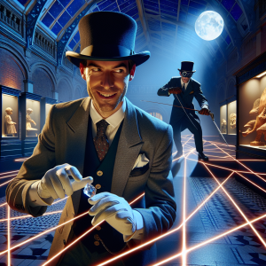 Visualize an iconic and crafty gentleman thief, suited in a traditional attire with a top hat from the early 1900s, maneuvering through a maze of lasers inside a museum under moonlight. He is of Caucasian descent and has a cunning smile as he holds a crystal gem. In the foreground, the museum displays various artifacts from different eras. The scene embodies an element of adventure, suspense, and intrigue – associated with the mysterious world of the classic Lupin character.