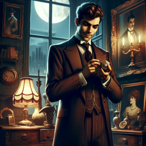 Illustrate a vintage scene inspired by the original gentleman thief narrative. A Caucasian male in his 30s, donned in a stylish early 20th century suit, standing in a dim-lit room filled with antique furniture and art pieces. He's holding a small intricate item, looking at it with a sly grin. In the background, the moonlight spills through a large old window, casting endless shadows. He is surrounded by elements of mystery, elegance and adventure which capture the essential characteristics of the original Lupin stories.