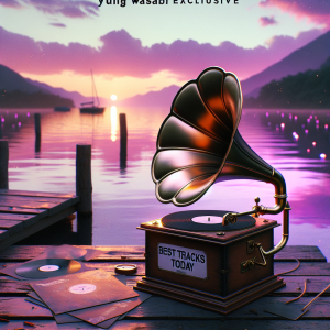 An aesthetic scene by a serene lakeside, the tranquil water reflecting the colors of the evening sky, embedded with splashes of purple, orange, and pink hues. In the foreground, a vintage gramophone resonates with soothing melodies, its brass horn glistening in the warm, setting sun. Next to it, on a wooden pier, an open record box reveals a collection of anonymous vinyl records labeled 'Best Tracks Today'. The title 'Yungwasabi Exclusive' is boldly inscribed across the scene, capturing a juxtaposition of timelessness and trendy culture, suggesting a hidden gem of music in the hush of nature.