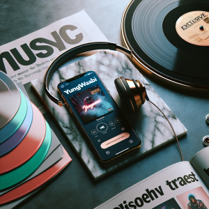 Depict a music-themed setting, with an influence of modern trends. A pair of headphones rests on a slab of marble, next to a smartphone displaying a music streaming app showing the name 'Yungwasabi'. A neon sign in the background reads 'Discover the Best Tracks Today.' Show stacks of vinyl records in varying colors to represent a diverse range of music genres. As an additional touch, show a glossy music magazine open at a page that subtly shows 'exclusive' to tie back to the article's theme.