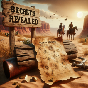 Visualise a scene from a western-themed video game. The setting is sunlit, featuring an arid desert with tumbleweeds rolling across the terrain. In the foreground, focuses on a weather-beaten wooden sign that reads 'Secrets Revealed'. Next to the sign, a mysterious hand-drawn map rests against a rusty old meat pipe. The map highlights hidden treasures marked by cryptic symbols. On the horizon, two cowboys, one of Middle-Eastern and one of Hispanic descent, stand ready for adventure, their expressions determined and curious. Add a falling parchment in the corner with the words 'Bound in Blood' scrawled upon it.