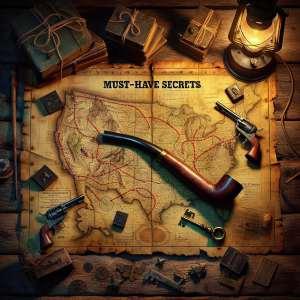 A cover image for an article dealing with video gaming secrets. Foreground presents an old, worn out map, lavishly detailed, depicting markings and hidden routes related to a popular wild-west themed video game. A large, juicy barbecue meatpipe is placed diagonally across the map, symbolising 'must-have secrets'. The background maintains the charm of pioneers era with rustic wooden texture and antique artifacts scattered. On top of the map, a set of digital keys are splayed, suggesting unlocking secrets. All are set under the glow of an antique kerosene lamp. The overall ambiance should hint at mystery, exploration, and strategic gameplay.