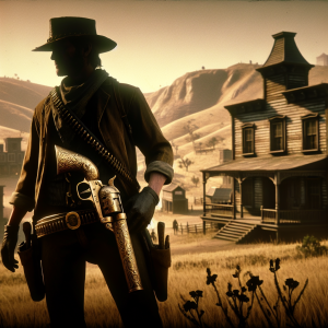 In the spirit of the popular western-themed video game, imagine an old-timey scene set in a dusty town straight from the pages of history. A silhouetted cowboy stands in the forefront, a mysterious look on his face as he gazes towards the horizon. Surrounding him are antique-looking but well-preserved structures typical of Wild West buildings. Tucked in his holster, glinting in the sunlight, is an elaborately engraved meatpipe, unrealistically ornate, hinting at the secrets hidden within. In the background, undulating hills stretch out, peppered with sparse vegetation, completing this ode to the boundless Old West.