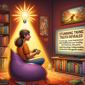Illustrate a peaceful scene of a teenager of Hispanic descent playing a video game in a warmly lit room. She's sitting on a cozy bean bag with focus and joy evident on her face. The screen reflects colorful, non-violent graphics from an adventure quest game. Nearby, a bookshelf filled with various books on psychology, understanding violence and video game studies symbolizes the research against the claim that video games cause violence. A shining light bulb above her head indicates the 'Stunning Truth Revealed'. Ensure to depict a balance of relaxed leisure and intellectual pursuit.