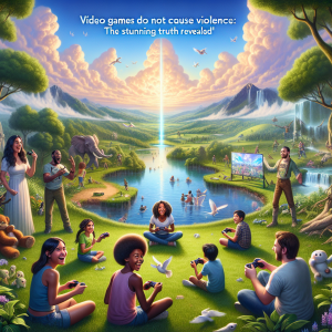 Imagine a peaceful, idyllic scene: a verdant gaming environment filled with lush trees, crystal clear lakes, and friendly wildlife. Centered amidst this is a diverse group of people - a Hispanic woman, a Black man, a Caucasian boy, and a South Asian girl - all engrossed in their video game consoles. They are displaying expressions of joy, excitement, and camaraderie, underscoring the positive aspects of gaming, connection, and cooperation rather than violence. In the sky, the words 'Video Games Do Not Cause Violence: The Stunning Truth Revealed' are etched eloquently amongst the drifting clouds.