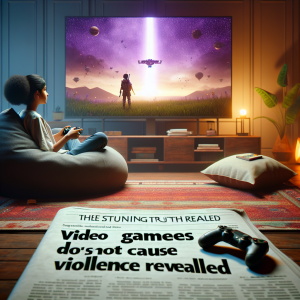 A serene and peaceful imagery that symbolizes the harmony and tranquility associated with playing video games, juxtaposed with a sensational newspaper headline boldly declaring, 'Video Games Do Not Cause Violence: The Stunning Truth Revealed'. The scene can include a room with a South Asian teenage girl sitting comfortably on a bean bag, engrossed in her video game, which is projected on a large flat screen TV. The room is calmly lit with warm, soothing lighting. On the coffee table in front of her, there's an open newspaper with the aforementioned headline.