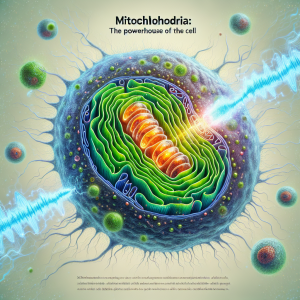 Illustrate a microscopic picture of a cell with a clear distinction of main components. Highlight the mitochondria, abundantly scattered throughout the cell, colored in vivid green and radiating energy, symbolizing its role as the cell's powerhouse. To emphasize this, showcase a zoomed-in portion of the image with a single mitochondria appearing to release dynamic blue wave-like energy emanations. Include some text in a classy font on the top edge of the image, saying 'Mitochondria: The Powerhouse of the Cell'. Surround the text with energized particles to further emphasize the power of mitochondria.