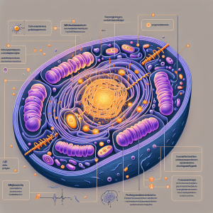 Imagine a highly detailed and scientific illustration showcasing the functionality of a cell. The central highlight is the mitochondria, illustrated in shades of purple and blue. According to the cellular structure, the mitochondria function as the powerhouses of the cells and their activities should be depicted as such, for example, show energy in the form of yellow light particles being produced. Include labels and arrows describing each part and process to add an educational touch. The design is set against a neutral grey background which emphasizes the vibrant colors of the cellular components.