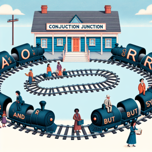 An illustration representing the concept of Conjunction Junction. Imagine an old-fashioned railway station named 'Conjunction Junction', where each train car represents different conjunction words like 'and', 'or', 'but'. The rails stand for sentences, running parallel and curving together, symbolizing the function of conjunctions in seamlessly joining them. Passengers boarding the trains would be diverse, including a Caucasian man reading a newspaper, a Black woman holding a book, a South Asian boy with a backpack, and a Middle Eastern girl holding a teddy bear. The overall vibe of the image should have a whimsical, educational tone.