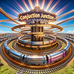 A vibrant scene centered around a massive railroad junction, with multiple shiny trains interweaving along a complex network of tracks. Each train showcases different words on their sides, visually depicting the concept of word conjunction. Some of the words are part of sentences curving along the twisty rail network, demonstrating effortless word hooking. A large, elegant signboard titled 'Conjunction Junction' stands prominently beside the junction, perhaps above a small, bustling station. Bright rays are streaming from the backdrop, illuminifying the entire scene and producing an almost metaphorical radiance of enlightenment.