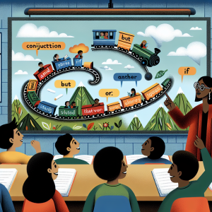An educational scene set in a school. In the center, a Caucasian female teacher is instructing a multi-ethnic group of students, who are eagerly participating. She points to a colorful visual aid on the blackboard that illustrates the concept of 'Conjunction Junction'. The visual aid consists of different types of conjunctions joining words or phrases to form sentences. There are cartoon representations of 'and', 'but', 'or', and 'if'. The words these conjunctions are connecting are depicted as train carriages linked by these conjunctions, forming a long, winding word train that travels through landscapes made of text. The window's view shows clouds in the form of punctuation marks complete the literary atmosphere.