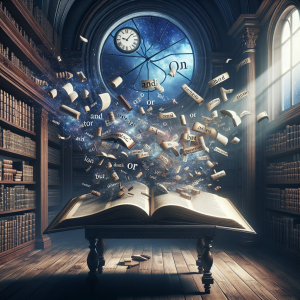 Imagine a classical old library with wooden shelves full of countless books. There's an old-fashioned clock on the wall displaying midnight, and a ray of moonlight is peeping through the tall, grand window. A large antique table rests in the center holding an opened, enormous dictionary. Floating around this dictionary is a mysterious haze of conjunction words such as 'and', 'or', and 'but', as if being attracted by the book. These words seem to be dancing, hooking onto each other in a surreal ballet, visually evoking the concept of effortless word hooking.
