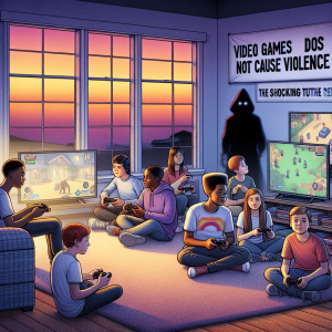Create a detailed scene of a peaceful game room set at dusk. It includes teenagers of varying gender and descents - Caucasian, Black, Hispanic, Asian and Middle-Eastern, engrossed in playing age-appropriate video games on multiple large screens. Their expressions should show engagement and happiness, depicting a harmonious setting. In contrast, include a shadowy figure representing violence outside the brightly lit room, appearing dull and faded. On the wall inside the room, display a bold caption that reads, 'Video Games Do Not Cause Violence: The Shocking Truth Revealed'.