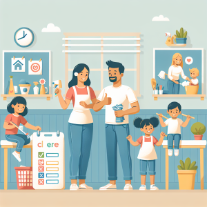 Create an image representing a wholesome family scene in a clean home. Show a pair of parents and their children - a Middle-Eastern father, a Hispanic mother, a Black daughter, and a South Asian son - happily engaged in various chores. The environment should foster cooperation and teamwork, with the parents helping and guiding the children. Incorporate visual symbols of good parenting practices such as a chore chart, a reward system, and loving interactions. Make sure the image communicates supportive parenting and depicts an atmosphere of learning and responsibility.
