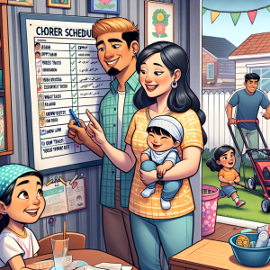 Illustration of a busy family scene in a home setting. In the foreground, an Asian father and a Hispanic mother are discussing a chore schedule chart hanging on the wall. Various chores such as 'Empty Trash', 'Wash Dishes', and 'Mow Lawn' are listed on the chart. The father is pointing to the chart with a pen, while the mother is holding a baby. Behind them, a Middle-Eastern boy is enthusiastically mowing the lawn, a South Asian girl is washing dishes with a gleaming smile, and a Caucasian older girl is responsibly taking out the trash, teaching lessons of responsibility and teamwork.