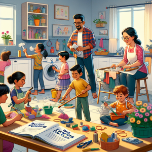Visualize an image portraying a diverse group of children engaged in various household chores as a part of their daily routine. Some of them could be doing cleaning with enthusiasm, some might be gardening, and a few could be engaged in laundry tasks. Parents, one South Asian male and one Caucasian female, are seen coaching them in a loving and patient way. The setting is a lively, tidy home with organized tools for each chore. The ambiance is filled with positivity and cooperation. A guidebook on the table titled 'Best Parenting Practices' indicates where these practices originated from.