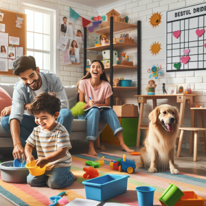 A brightly lit, cheerful living room with a mix of colorful toys scattered on the floor. In the center, a young Middle-Eastern boy is happily washing plastic dishes in a toy kitchen sink. His Hispanic mother watches him fondly from a distance, taking notes in a guidebook titled 'Best Parenting Practices'. A chart on the wall nearby shows a schedule of kids' chores. A laughing South Asian girl, his sister, is dusting shelves nearby, their pet golden retriever playfully wagging its tail beside her. All around the room, there is a sense of harmony and productivity.